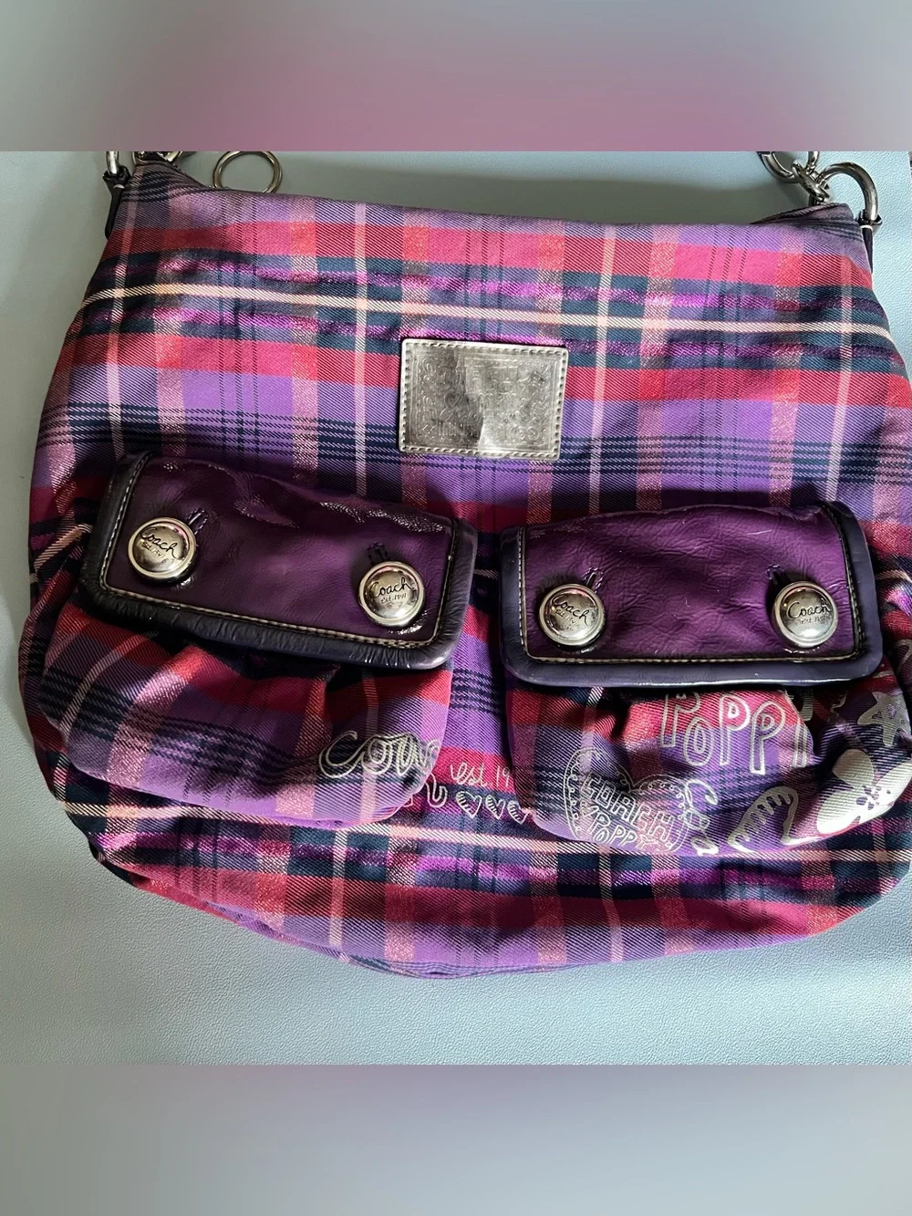 Coach Poppy Purple Pink Black Metallic Tartan Plaid Shoulder Crossbody Hobo Bag